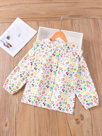 青少年女孩春夏时尚百搭长袖花卉印花纽扣衬衫