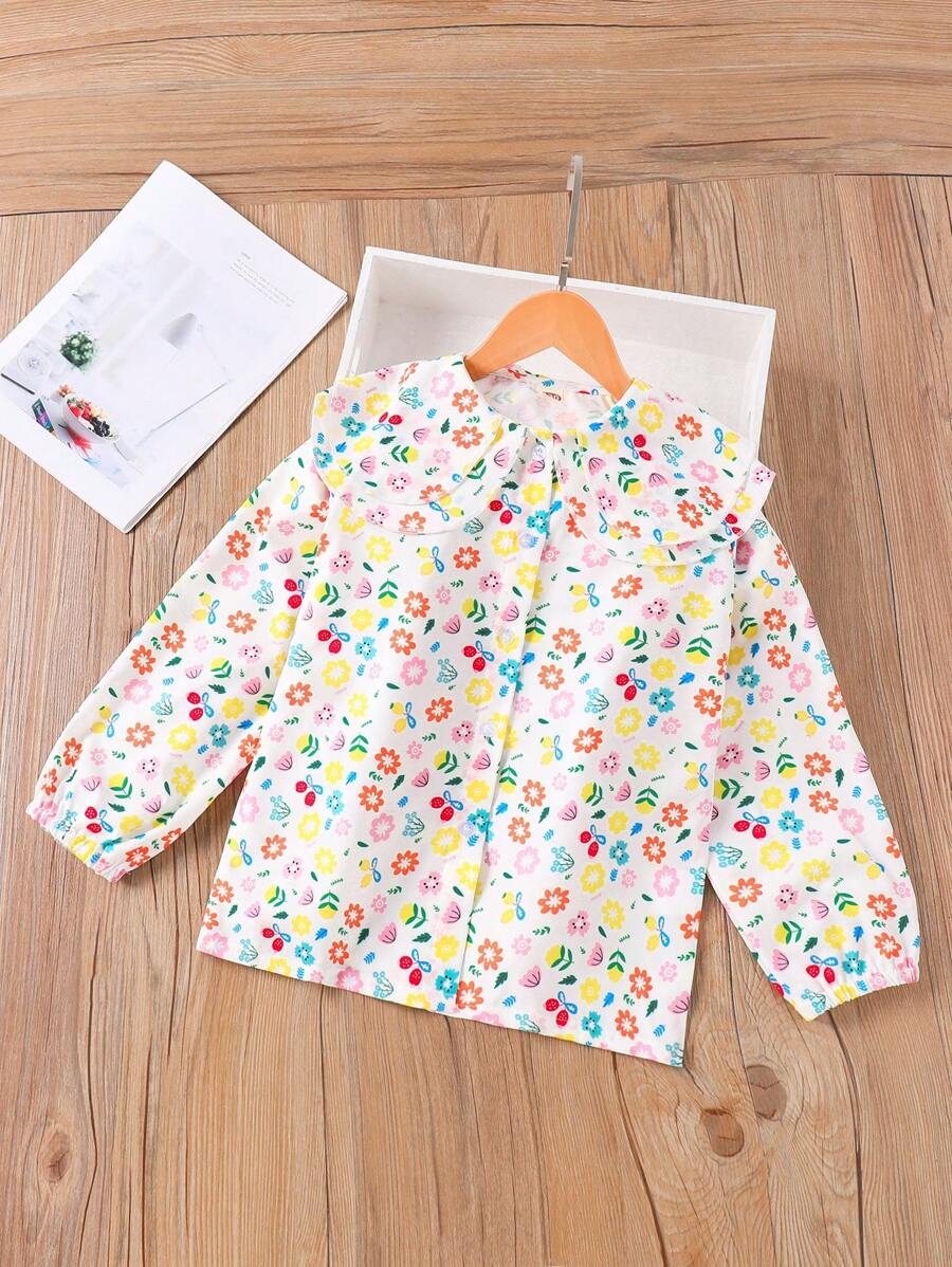 青少年女孩春夏时尚百搭长袖花卉印花纽扣衬衫 - 彩色 - 查看 1