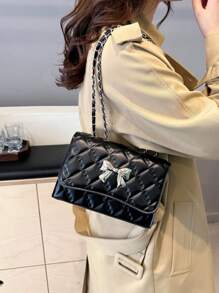 Mini Fashionable Bow Decor Quilted Diagonal Shoulder Bag, Elegant Minimalist Small Chain Shoulder Bag, Fashionable Bow Purse For Women, Street & Japanese Bag For Women