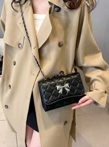 Mini Fashionable Bow Decor Quilted Diagonal Shoulder Bag, Elegant Minimalist Small Chain Shoulder Bag, Fashionable Bow Purse For Women, Street & Japanese Bag For Women