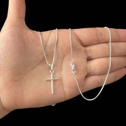Corrente Colar de Prata 925 Banhado Crucifixo Pequeno masculino Cordão Fino Veneziana 50cm 60cm 70cm