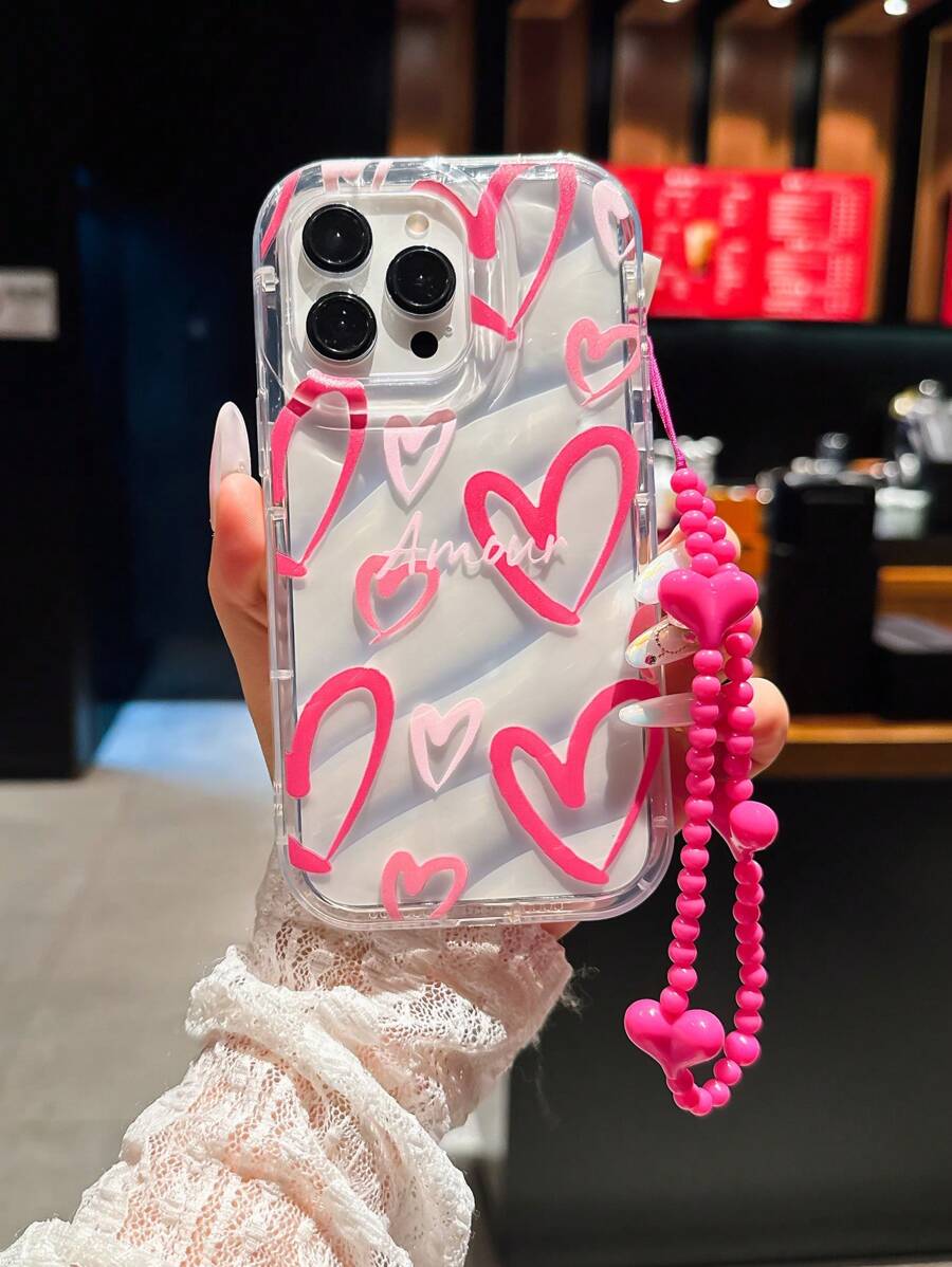 挂绳情人节心形线可爱设计印花波纹手机壳 - TPU 保护套兼容 Apple 16 ProMax/11/12/13/14/15 系列、Pro Max、Plus、Xr - 送给男朋友、女朋友的完美礼物，防水防震、防摔、防刮