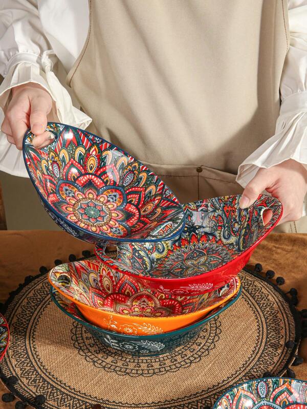 1pc Unique Ceramic Bowl With Two Handles, Ingot-Shaped Design, Suitable For Home/Restaurant, Soup/Noodle Bowl