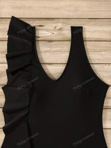 Traje de baño de una pieza de un solo color a la última moda para mujeres, estilo ajustado y sexy con volantes asimétricos, diseño con control de abdomen, escote en V para vacaciones en la playa o la piscina en verano