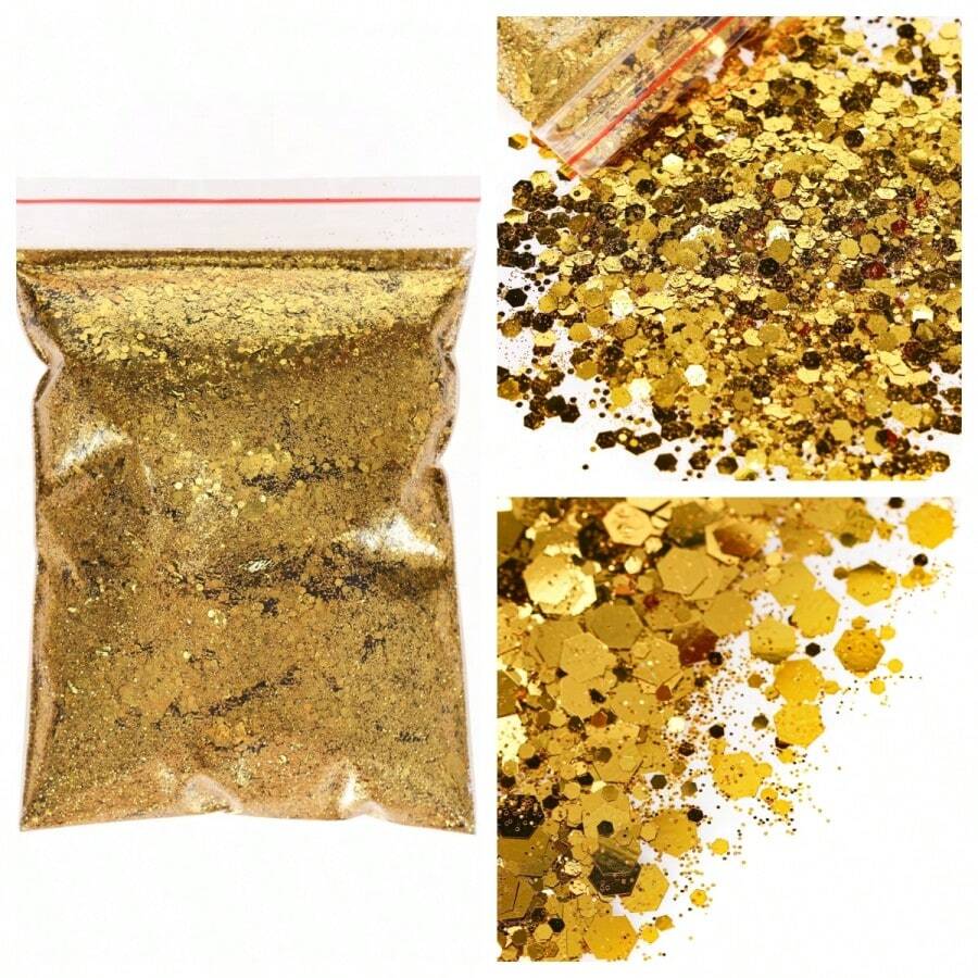 10克/袋 美甲亮片 全息激光金色彩色粉末 闪亮六边形 PET DIY 美甲饰品 美甲宝石 美甲用品 指甲 - 金色 - 查看 1