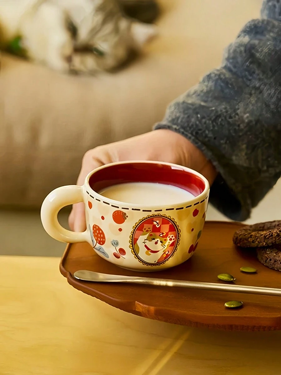 1pc Ceramic Cat Mug, Retro French Ins Style Coffee Cup, Breakfast Milk Oatmeal Mug, Creative Office Coffee Cup, Afternoon Tea Cup, Commercial Espresso Latte Art Cup, Suitable For Christmas Gift, Birthday Anniversary Present, Microwave & Dishwasher Friendly