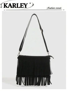 1 件女士波西米亚风手提包，鹿皮绒面复古哑光水桶包，复古英伦风小方包，流苏斜挎包，橄榄绿、黑色、咖啡棕可选，适合上学、工作、商务、通勤、户外、旅行 - 黑色 - 查看 1