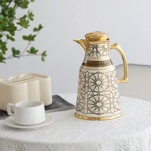 Cafetera térmica de 1000 ml, Body de acero inoxidable de doble pared con patrón dorado, interior de PP, forro interior de vidrio, botella térmica de forma única que mantiene caliente hasta 12 horas/fría hasta 24 horas, servidor/dispensador de café, vuelta al colegio