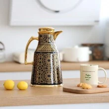 Cafetera térmica de 1000 ml, Body de acero inoxidable de doble pared con patrón dorado, interior de PP, forro interior de vidrio, botella térmica de forma única que mantiene caliente hasta 12 horas/fría hasta 24 horas, servidor/dispensador de café, vuelta al colegio
