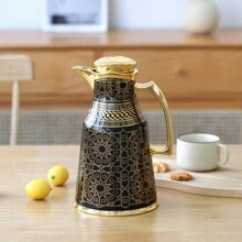 Cafetera térmica de 1000 ml, Body de acero inoxidable de doble pared con patrón dorado, interior de PP, forro interior de vidrio, botella térmica de forma única que mantiene caliente hasta 12 horas/fría hasta 24 horas, servidor/dispensador de café, vuelta al colegio