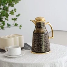 Cafetera térmica de 1000 ml, Body de acero inoxidable de doble pared con patrón dorado, interior de PP, forro interior de vidrio, botella térmica de forma única que mantiene caliente hasta 12 horas/fría hasta 24 horas, servidor/dispensador de café, vuelta al colegio