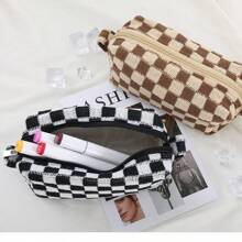 Checkerboard Pattern Knitted Cosmetic Bag, Contrast Color Yarn Storage Pouch Toiletry Bag, Large Capacity Organizer Pencil Case,Back To School,School Supplies - Multicolor - View 5