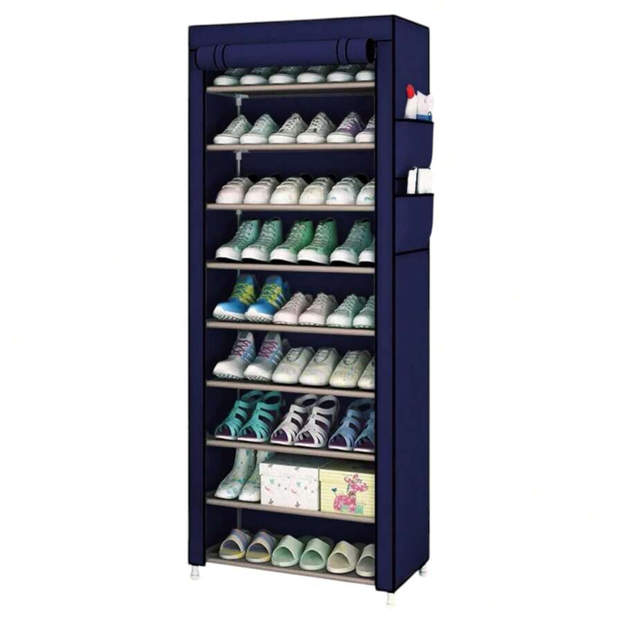 10 Tier Shoe Rack With Dust Cover, Holds 20-25 Pairs Of Shoes, Tall Shoe Racks, Narrow Shoe Rack, Suitable For High Heels, Sneakers, For Hallway, Bedroom (57 X 29 X 159 Cm) With Zippered Outer Cover For Sneakers, Heels Or Shoes.