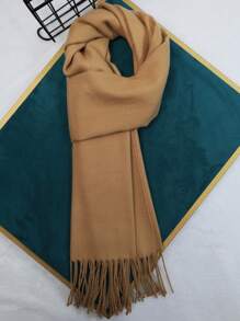 1条纯色针织围巾，男女通用冬季保暖长围巾，带流苏，多功能男友礼物，保暖围脖，毯子 - 卡其色 - 查看 3