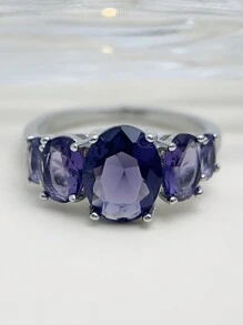 1pc S925 Silver Mysterious Purple Gemstone Ring, Inlaid With 5 Oval Zirconia Stones, Suitable For Women To Wear At Banquets And Parties, Anniversary Gift For Wife - Purple - View 2