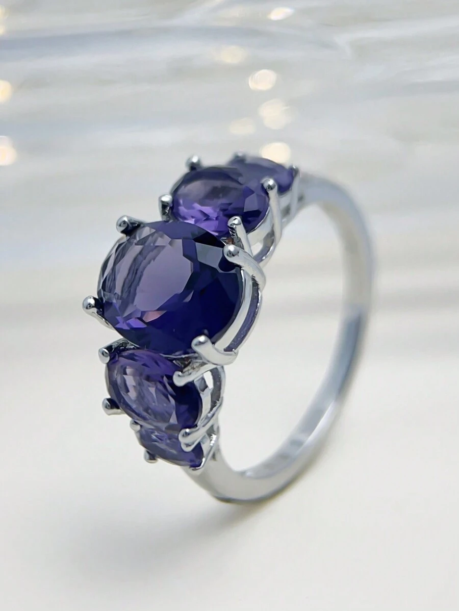 1pc S925 Silver Mysterious Purple Gemstone Ring, Inlaid With 5 Oval Zirconia Stones, Suitable For Women To Wear At Banquets And Parties, Anniversary Gift For Wife - Purple - View 1