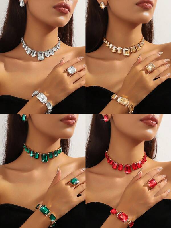 1 Set Luxury Women's Geometric Shaped Crystal Necklace, Earrings, Bracelet And Ring, Rhinestone Studded, Fashion Jewelry Set, Versatile For Evening Dresses