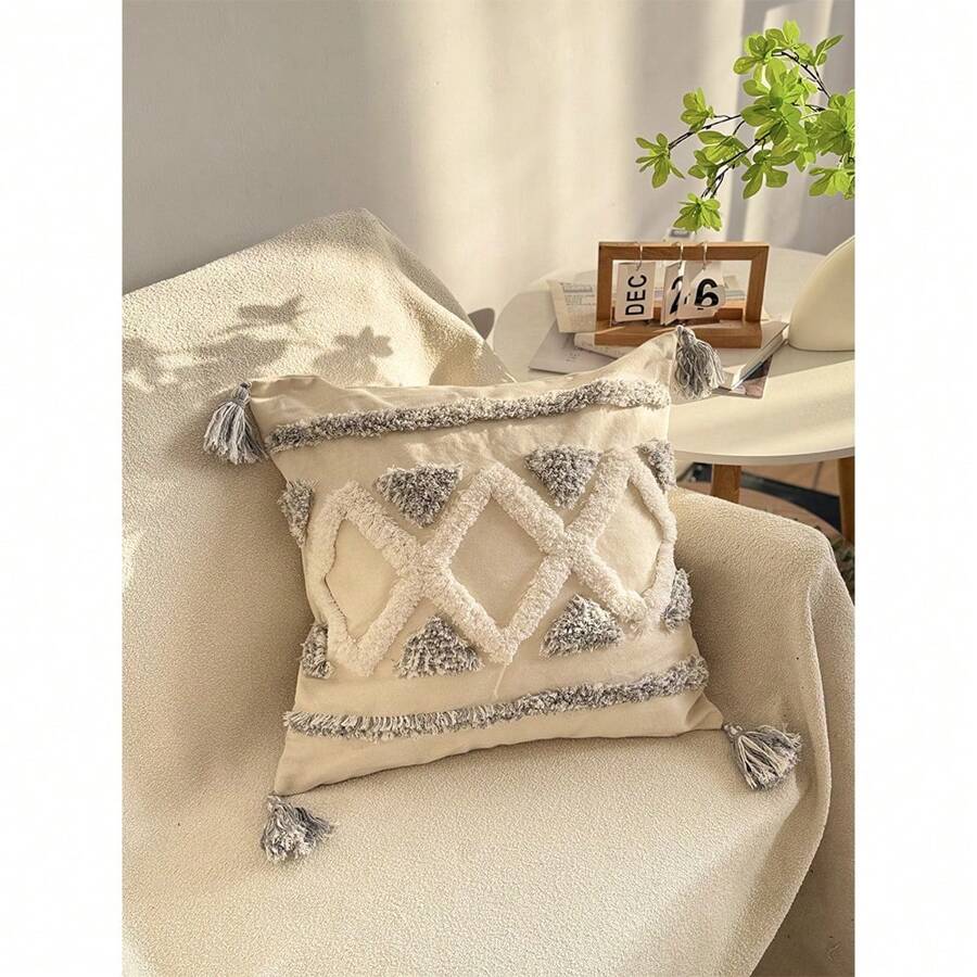 亚麻流苏刺绣抱枕套，几何菱形图案，波西米亚风格，适合农舍装饰，沙发垫套，米色和灰色