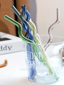 Set (4 Straws + 1 Brush) Wavy Glass Straws, Reusable Colorful Glass Straws With 1 Cleaning Brush, Heat Resistant, Perfect For Smoothies, Tea, Coffee, Juice, Festival Party Wedding, Kitchen Utensils, Party Supplies, 20cm/7.8inch,School Supplies - One Size - View 9