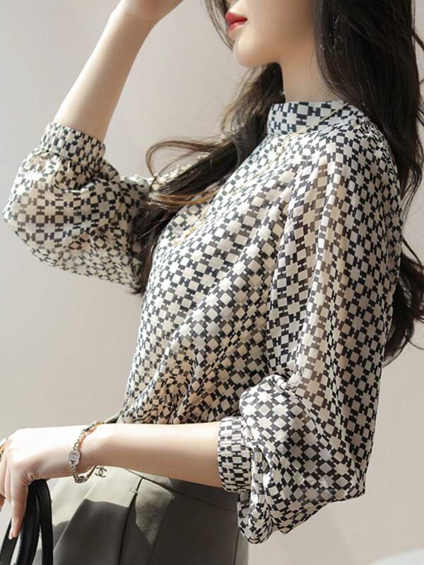 YUXIN Women's Spring - Summer Retro Plaid Chiffon Shirt, Stand - Up Collar Lantern Sleeve, Daily Commute/Light Business, Breathable Slim - Fitting Fashion Top