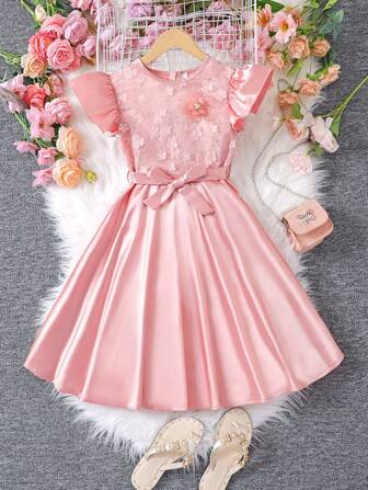 Girls' Summer Fashion 3D Floral Patchwork Elegant Round Neck Ruffle Sleeve Cinched Waist Zipper Dress