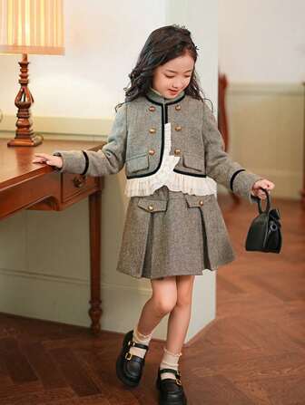 2pcs/Set Young Girl Stylish Ruffle Trim Jacket And A-Line Skirt Set, Fall/Winter