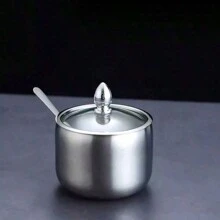 1pc, 250ml Stainless Steel Sugar Bowl With Glass Lid And Spoon - Rust Resistant Jar For Coffee Bar Storage, Kitchen Organizer For Salt, Candy, Coffee Beans 3-Slot 4-Slot With Stand Turntable