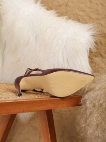 时尚尖头细高跟鞋休闲百搭踝带酒红色女士高跟鞋 - 酒紅色 - 查看 4