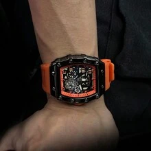 EA 1pc Men's Black Rubber Strap Racing-Themed Hollow Design Stylish Timepiece With Barrel-Shaped Gift Box Packaging, Cool Personalized Fashion Holiday Gift For Him, Christmas Gifts