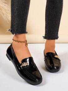 Women's Elegant Flat Loafers, Slip-On Design With Butterfly Flower & Strap Decor, Round Toe Low Heel Formal Office Shoes, Suitable For Walking, Casual, Shopping, Dating - Black - View 2