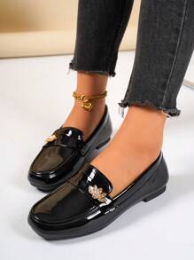 Women's Elegant Flat Loafers, Slip-On Design With Butterfly Flower & Strap Decor, Round Toe Low Heel Formal Office Shoes, Suitable For Walking, Casual, Shopping, Dating - Black - View 6