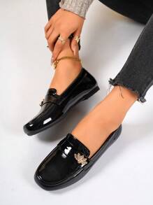 Women's Elegant Flat Loafers, Slip-On Design With Butterfly Flower & Strap Decor, Round Toe Low Heel Formal Office Shoes, Suitable For Walking, Casual, Shopping, Dating - Black - View 3