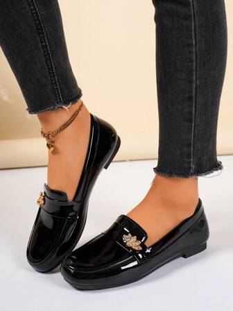 女士优雅平底乐福鞋，一脚蹬设计，蝴蝶花和绑带装饰，圆头低跟正式办公鞋，适合散步、休闲、购物、约会