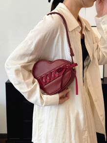 SHEIN MOD 1pc Burgundy Red Fashionable Angora Red Cherry Red Heart Shaped Ribbon Bow Decor Cute Korean Style Women Shoulder Bag, Crossbody Bag, Valentine's Day Gift For Girlfriend/Best Friend, New Year Bag, Fashionable Burgundy Bag - Burgundy - View 4