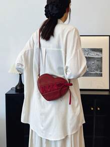 SHEIN MOD 1pc Burgundy Red Fashionable Angora Red Cherry Red Heart Shaped Ribbon Bow Decor Cute Korean Style Women Shoulder Bag, Crossbody Bag, Valentine's Day Gift For Girlfriend/Best Friend, New Year Bag, Fashionable Burgundy Bag - Burgundy - View 5