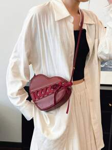 SHEIN MOD 1pc Burgundy Red Fashionable Angora Red Cherry Red Heart Shaped Ribbon Bow Decor Cute Korean Style Women Shoulder Bag, Crossbody Bag, Valentine's Day Gift For Girlfriend/Best Friend, New Year Bag, Fashionable Burgundy Bag - Burgundy - View 3