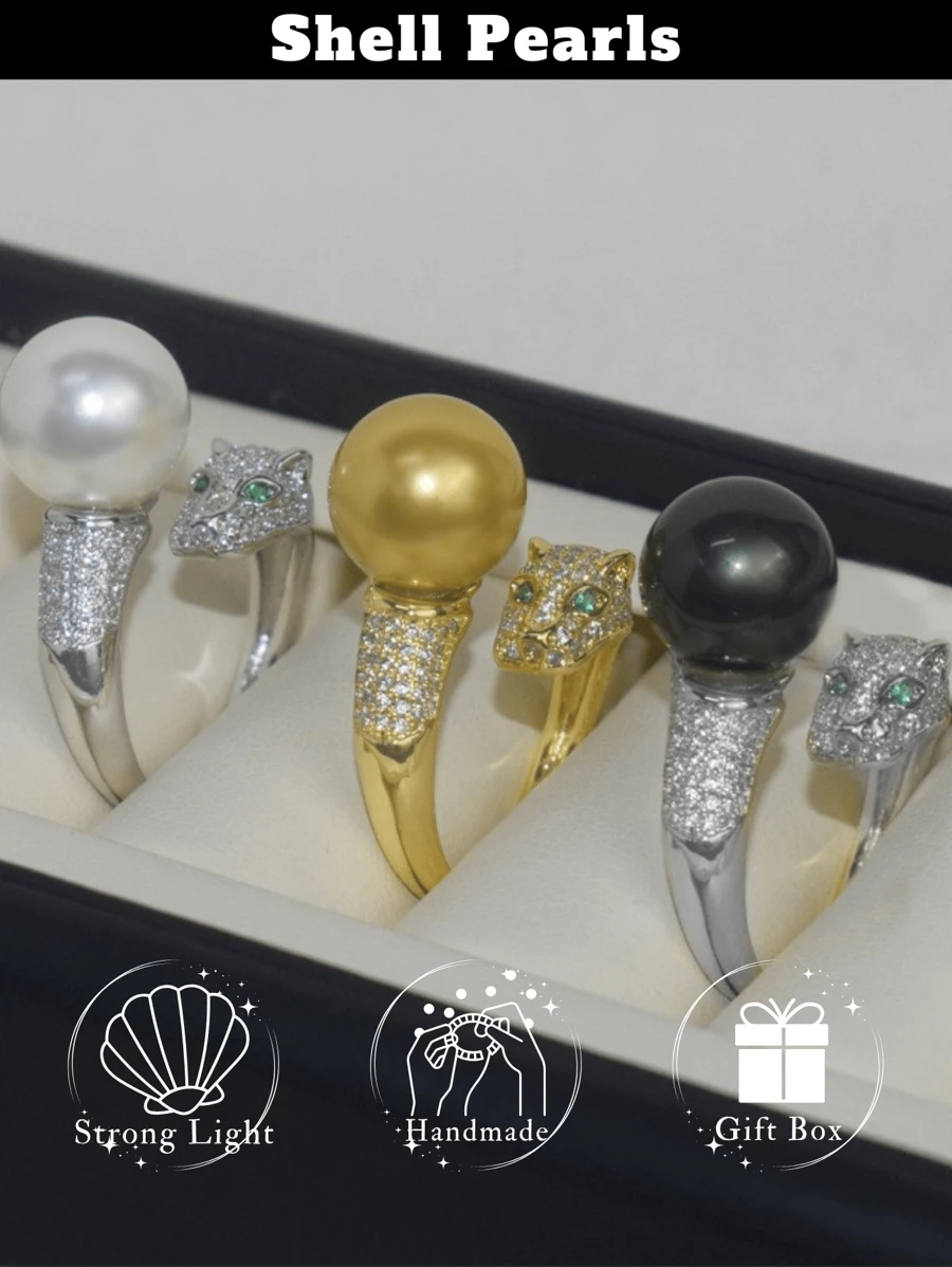 1 pièce Bague avec coquille façon léopard et fausse perle, parfaite fausse perle d'eau douce en plusieurs couleurs pour la Saint-Valentin, l'anniversaire, cadeau de bijoux de Noël