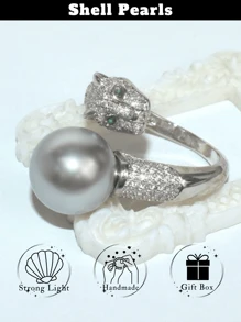 1 pièce Bague avec coquille façon léopard et fausse perle, parfaite fausse perle d'eau douce en plusieurs couleurs pour la Saint-Valentin, l'anniversaire, cadeau de bijoux de Noël