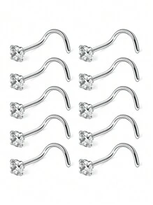 10pcs 20G Stainless Steel Nose Rings, Screw Nose Piercing Jewelry, 2mm Nose Rings For Women - Silver - View 10