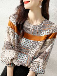 YUXIN Neue lose Damen-Bluse mit Digital Muster Farbblock Design für Frühling und Herbst