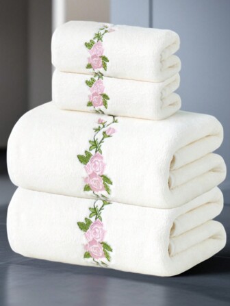 1pc White Towel With Rose Embroidery Pattern, Polyester Rectangular Size 70*140cm Or 34*75cm, Suitable For Men, Women, Couples, Families, Adults, All-Season Use, Quick-Drying, Absorbent, Soft, Applicable For Bathroom, Hotel, Gym, Holiday Gifts, Party, Beach