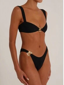Women's Summer Beach Metal Decor Bikini Swimwear Set - Black - View 2