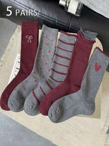 5 Pairs Women's Ankle Socks, Grey And Burgundy, Suitable For All Seasons - Multicolor - View 3