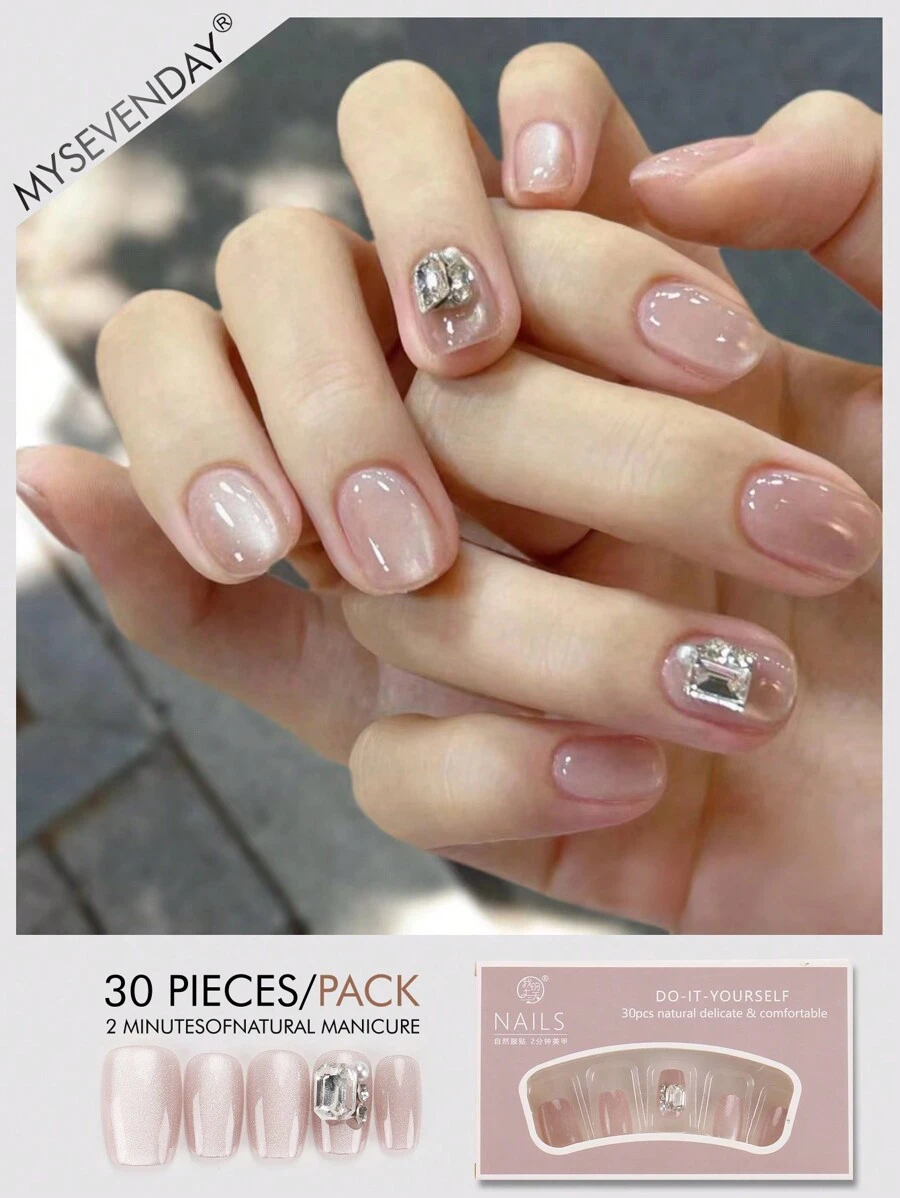 30 Pieces Of Short Coffin-Shaped Press-On False Nails, Simple Sparkling Diamonds, Sweet And Cool Japanese And Korean Style Women's Fingernail Patches, New Fashion For Fingertips, With 1 Piece Of Jelly Glue And 1 Piece Of Rub Strip, Suitable For Daily Casual Wear At Women's Parties And Dances Disassemble And Rewear