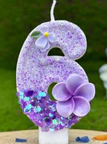 1pc Purple Gardenia & Egglower Numeric Shaped Birthday Candles, Anniversary Party Decoration - Multicolor - View 19