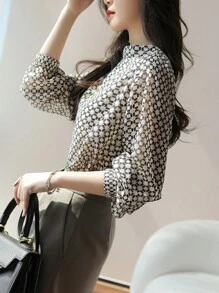 YUXIN Women's Vintage Plaid Chiffon Blouse, Stand Collar Lantern Sleeve, Casual/Light Business Wear, Breathable Fitted Fashionable Top, Spring/Summer - White - View 5