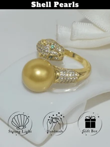 1 pièce Bague avec coquille façon léopard et fausse perle, parfaite fausse perle d'eau douce en plusieurs couleurs pour la Saint-Valentin, l'anniversaire, cadeau de bijoux de Noël
