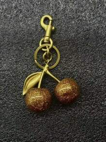 1 件时尚樱桃轻奢钥匙扣樱桃创意女士钥匙扣闪粉水晶仿水果吊坠情人节汽车饰品包包挂饰 - 銀色櫻桃 - 查看 3