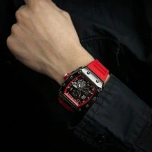 EA 1pc Men's Black Rubber Strap Racing-Themed Hollow Design Stylish Timepiece With Barrel-Shaped Gift Box Packaging, Cool Personalized Fashion Holiday Gift For Him, Christmas Gifts