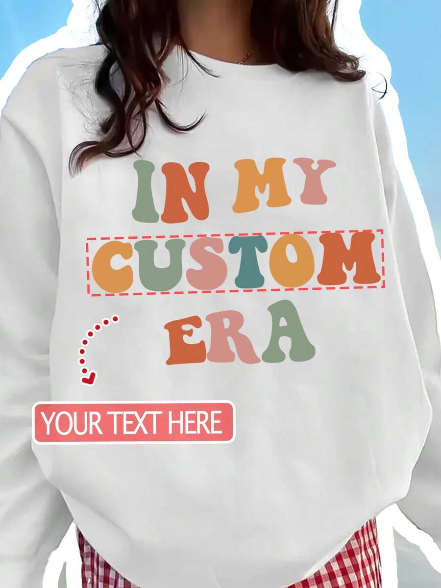 Customized Colorful Text Crew Neck Sweatshirt, Personalize Your Text/Name/Blessing, Colorful Font Text For Baby/Friend/Couple/Pet, Customize For Family Gathering, Clan Clothing, Fall Wear, Women's Tops, Black Sweatshirt, Holiday Gift, Valentine's Gift, Anniversary Gift, Wedding Gift, Best Friend Gift - White - View 1